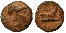 KINGS of MACEDON. Demetrios I Poliorketes, 306-283 BC. Ae (bronze, 1.79 g, 11 mm). Helmeted head of Athena right. Rev. Prow of galley to right, BA abo...