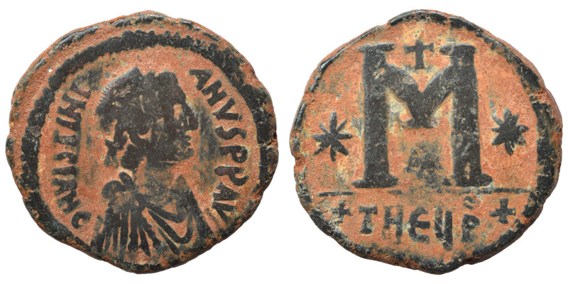 Justinian I, 527-565. Follis (bronze, 13.49 g, 30 mm), Theoupolis (Antioch). Pea...