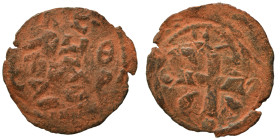 CRUSADERS. Edessa. Richard of Salerno, regent, 1104-1108. Follis (bronze, 2.38 g, 23 mm). KЄ / BOHΘ / PIKAP/Δω ('Lord, help Richard' in Greek) in four...