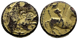 Eastern Variety or imitation of Pictones ?. Gilded AE Drachm (13,5 mm, 4,33 g.) 2nd-1st. Century BC. Male head with long curly hair with an almond eye...