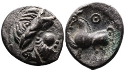 Middle Danube Tribes ''Kugelwange" type. AR Tetradrachm (26mm, 8,25g.). Imitating the types of Philip II of Macedon. 3rd. Century BC. Celticized laure...