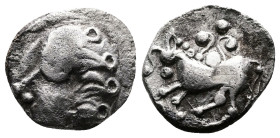 Central Europe. Boii. Late 2nd. Century BC. AR Obol ( 11 mm, 0.91g, 3). Celticized male head to left. Rev. Celticized horse galloping to left, Dembski...