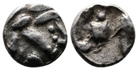 Eastern Celtic Tribes. Late 2nd. Century BC. AR Obol ( 7mm, 0.35g,). Celticized head of Zeus. Rev. Rider. Good Very Fine. Very Rare.