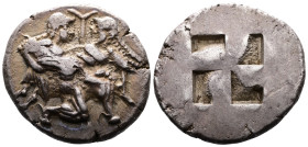 Islands off Thrace, Thasos. ca. 500-480 BC. AR Stater (23mm, 9.71 g.). Ithyphallic satyr advancing right, carrying off protesting nymph Rev. Quadripar...