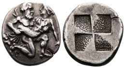 Greek ISLANDS OFF THRACE, Thasos. ca. 412-404 BC. AR Drachm (16 mm, 3.70 g). Ithyphallic satyr advancing partly to right, carrying protesting nymph. R...