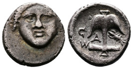 Thrace. Apollonia Pontika. late 5th-4th centuries BC. AR Diobol (11mm, 1.30 g.). Facing gorgoneion. Rev. Upright anchor; crayfish to right, ΣΩ A to le...