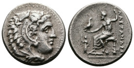 Kings of Macedon Alexander III the Great AR Drachm (16,5mm, 4,22g.). Lampsakos mint, ca. 328-323 BC. Head of Herakles to right, wearing lion skin head...