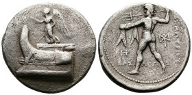 Kings of Macedon. Demetrios I Poliorketes (306-283 BC.) AR Tetradrachm (28,5 mm, 16,7 g.). Salamis mint, ca. 300-295. Nike, blowing a trumpet and hold...