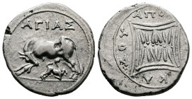 Illyria. Apollonia ca. 200-80 BC. ΑΓΙΑΣ (Agias) and ΚΑΔΟΣ (Kados), magistrates AR Drachm (17mm., 3,32 g.) AΓIAΣ, cow standing left with suckling calf ...