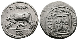 Illyria. Apollonia. Timen and Damophontos, magistrates ca. 80-48 BC. AR Drachm (17mm, 3,44 g.) ΤΙΜΗΝ Cow standing left with suckling calf right, monog...