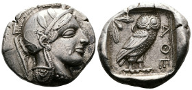 Attica. Athens. Circa 449-404 BC. AR Tetradrachm (27 mm, 17.20 g.), mid 440s. Head of Athena to right, wearing crested Attic helmet adorned with three...