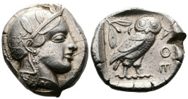 Attica. Athens. Circa 449-404 BC. AR Tetradrachm (25,5 mm, 17.01 g.), mid 440s. Head of Athena to right, wearing crested Attic helmet adorned with thr...