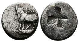 Bithynia, Kalchedon ca. 387-340 BC. AR Triobol or 1/2 Siglos (13 mm, 2.39g.) Bull standing left KA above. Rev. Mill sail incuse. BMC 125, 10. Off cent...