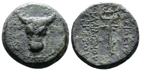 Kings of Paphlagonia Pylaimenes, ca. 130 BC. AE (17 mm, 3.42 g.) Bull's head facing. Rev. ΒΑΣΙΛΕΩΣ right, ΠΥΛΑΙΜΕΝΟΥ ΕΥΕΡΓΕΤΟΥ left, winged caduceus. ...