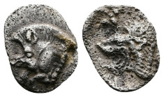 Mysia. Kyzikos. ca 450-400 BC. AR Hemiobol (9,5 mm, 0.33g.) Forepart of boar left; to right, tunny upward behind. Rev. Head of roaring lion left; star...