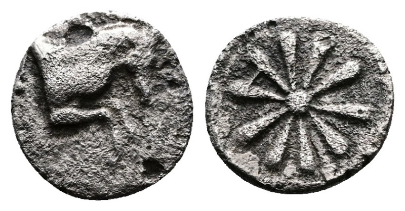 Aiolis. Kyme ca. 400-350 BC. AR Hemiobol (0.30g, 7mm) Forepart of prancing horse...