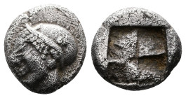 Ionia. Phokaia. late 6th. Century BC. AR Trihemiobol or 1/12 Stater (9,5mm, 1.28g.) Female head left, wearing helmet or close fitting cap Rev. Quadrip...