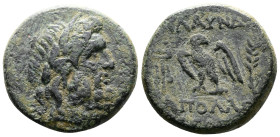 Lydia, Blaundos Æ (20,5mm, 6,68 g.), ca 2nd. Century BC. Apollonios, son of Theogenes, magistrate. Laureate head of Zeus to right Rev. Eagle standing ...