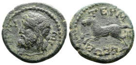 Pisidia. Termessos. 1st. Century BC. AE (19mm, 3,74) Dated CY 32 (40/39 BC). Laureate head of Zeus left; I-B (date) across. Rev. TEPM-H-CEΩΝ, horse le...