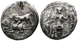 Cilicia. Satrap of Cilicia, Mazaios (361/0-334 BC). AR Stater (24 mm, 11,0 g.) Baaltars seated left on backless throne, his body turned to front, hold...