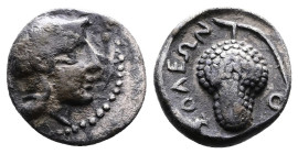 Cilicia. Soloi. Ca. 410-375 BC. AR Obol (9 mm, 0.76 g.) Head of Athena to right, wearing crested Attic helmet. Rev. ΣOΛΕΩΝ around a grape bunch with t...