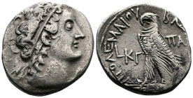 Kings of Egypt. Ptolemy X Alexander (106-88 BC.) AR Tetradrachm (26mm, 13.85 g.). Paphos mint. year 23 = 92-91 BC. Diademed head right wearing aegis. ...
