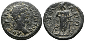 LYDIA. Acrasus. Septimius Severus (193-211 AD.) AE (19mm, 2,91g.) AYTOKPA CEBHPOC. Laureate head right. Rev. AKPACIΩTΩN. Asklepios standing facing, he...