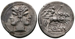 Anonymous, c. 225-214/212 BC. AR Quadrigatus (25,5 mm, 6,68 g.). Rome. Laureate janiform head of the Dioscouri; with a broad face and separated sidebu...