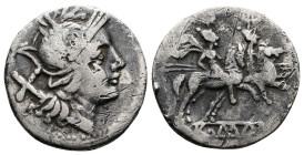 Anonymous AR Denarius (19mm, 4,00g.), after 211 BC. Helmeted head of Roma right, with triple earring, spike above visor, X behind. Rev. The Dioscuri r...