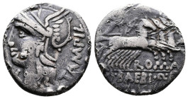 M. Baebius Q. f. Tampilus. AR Denarius (18 mm, 3,79 g). Rome, 137 BC. Helmeted head of Roma left; X below chin, TAMPIL behind. Rev. Apollo driving gal...