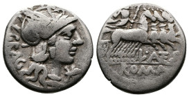 L. Antestius Gragulus . AR Denarius (18 mm, 3,69 g.). Rome, 136 BC. Helmeted bust of Roma right; GRAG and * in fields. Rev. Jupiter in quadriga right,...