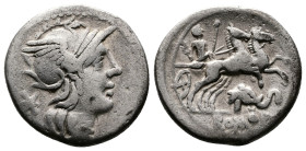 L. Caecilius Metellus Diadematus AR Denarius (18mm, 3,81 g.) Rome, 128 BC. Helmeted head of Roma right; mark of value behind. Rev. Pax driving gallopi...