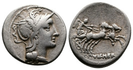 C. Claudius Pulcher. AR Denarius (17,5 mm, 3,39 g.) Rome, 110 or 109 BC. Helmeted head of Roma to right, bowl decorated with annulet. Rev. Victory in ...