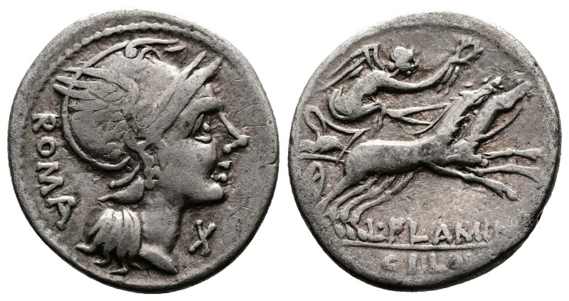 L. Flaminius Cilo. 109 or 108 BC. AR Denarius (20mm, 3,81 g.) Helmeted head of R...