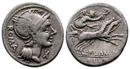 L. Flaminius Cilo. 109 or 108 BC. AR Denarius (20mm, 3,81 g.) Helmeted head of Roma; behind, ROMA and below chin, X. Rev. Victory in biga r.; below ho...