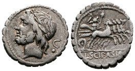 L. Cornelius Scipio Asiagenus. AR Denarius serratus (17,5 mm, 3,72 g.) Roma, 106 BC. Laureate head of Jupiter left C behind. Rev. Jupiter driving fast...