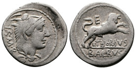 L. Thorius Balbus. AR Denarius (21 mm, 3,85 g.) Rome, 105 BC. Head of Iuno Sospita right, wearing goat Skin; behind, I S M R. Rev. Bull butting right;...