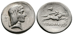 C. Piso L.f. Frugi. AR Denarius (18,5 mm, 3,87 g.) Rome, 61 BC. Laureate head of Apollo right, thunderbolt behind Rev. Naked horseman right, conical h...