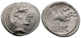 Q. Titius. Celtic Imitation AR Denarius (20mm, 3,78g.) 1st. Century BC. Wreathed head of Bacchus right. Rev. Q TITI. Pegasus leaping right. (prototype...