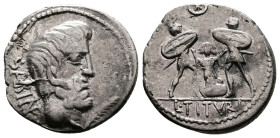 L. Titurius L. f. Sabinus. AR Denarius (18 mm, 3.81 g.). Rome, 89 BC. Bearded head right of the Sabine king, Tatius; SABIN downwards to left, palm fro...