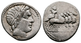 Anonymous issue. 86 B.C. AR Denarius (19 mm, 3,51 g.) Rome mint, struck 86 BC. Laureate head of Apollo right. Rev. Jupiter driving quadriga right, bra...