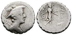 C. Mamilius Limetanus. AR Denarius serratus 82 BC. (18mm, 3.84 g.) Draped bust of Mercury r., wearing winged petasus; caduceus over l. shoulder. Rev. ...