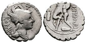 C. Poblicius Q. f. AR Denarius serratus (18 mm, 3,77 g) Rome, 80 BC. Draped bust of Roma to right, wearing helmet ornamented with gryphon's head; behi...