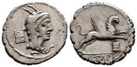 L. Papius. AR Denarius serratus 79 BC. (18,5mm, 3,99 g.) Head of Juno Sospita right wearing goat skin headdress, behind, tablet recording vote for [L]...