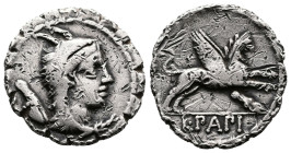 L. Papius, (79 BC.) AR Denarius serratus (18mm, 3,72 g.) Rome. Head of Juno Sospita right, wearing goat skin headdress, animals leg with the hoof behi...