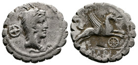 L. Papius, (79 BC.) AR Denarius serratus (18mm, 3,78 g.) Rome. Head of Juno Sospita right, wearing goat skin headdress, wheel behind. Rev. Griffin lea...