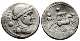 L. Farsuleius Mensor. 75 BC. AR Denarius (18,5mm, 2,58 g.) MENSOR Diademed and draped bust of Libertas r.; behind, ιVIIII above pileus. Rev. Warrior i...