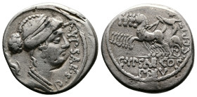 P. Plautius Hypsaeus 60 BC. AR Denarius.(17,5mm, 3,58 g.) Rome, Draped bust of Leuconoë right; dolphin behind; P•YPSAE S•C before. Rev. Jupiter in rea...