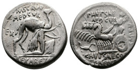M. Aemilius Scaurus, P. Plautius Hypsaeus. 58 BC. AR Denarius (18 mm, 3.94 g.) Rome, M·SCAVR / AED·CVR, Kneeling figure right, holding olive branch an...