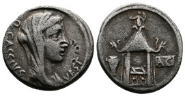 Q. Cassius Longinus. c. 55 BC. AR Denarius (17,5 mm, 3,72 g.) Q·CASSIVS VEST, Veiled head of Vesta right. Rev. Temple of Vesta with curule chair insid...